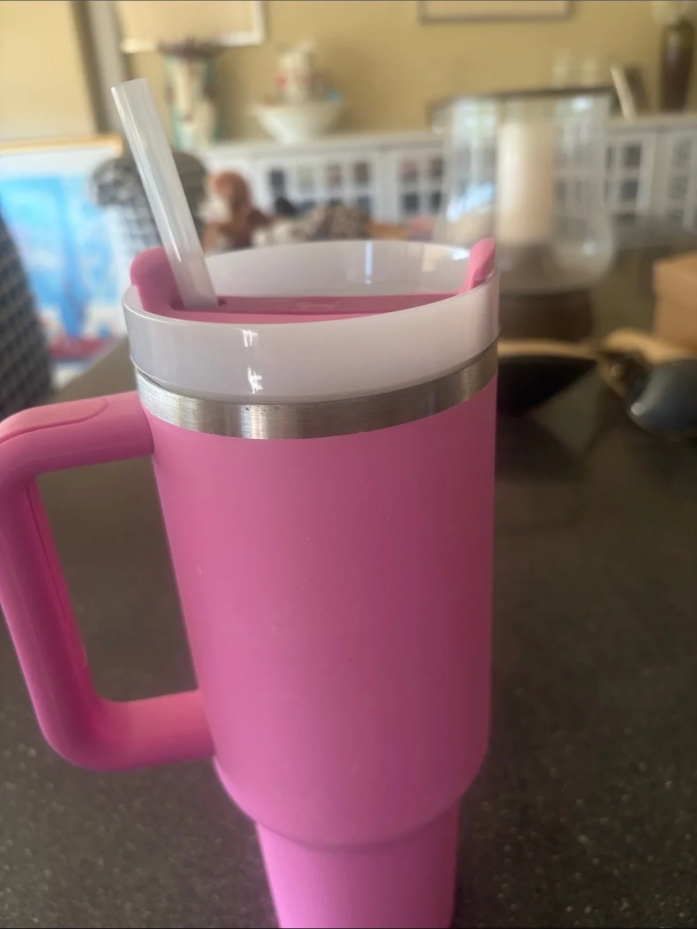 Stanley Pink Travel Mug with Handle and White Lid - Picture 2 of 2